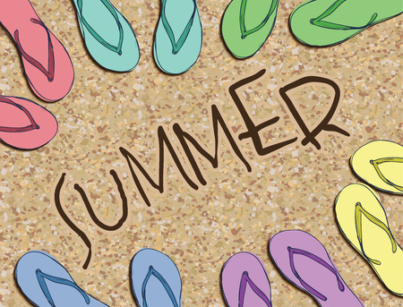 Card of turquoise green blue pink purple yellow cute Sandals  for brochure, paper, wallpaper, wrap, banner, background Vector illustrationのイラスト素材