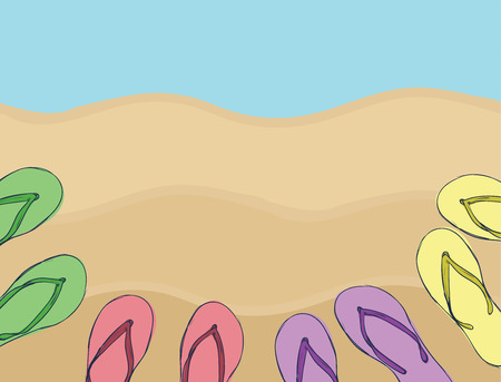 Card of turquoise green blue pink purple yellow cute Sandals  for brochure, paper, wallpaper, wrap, banner, background Vector illustrationのイラスト素材