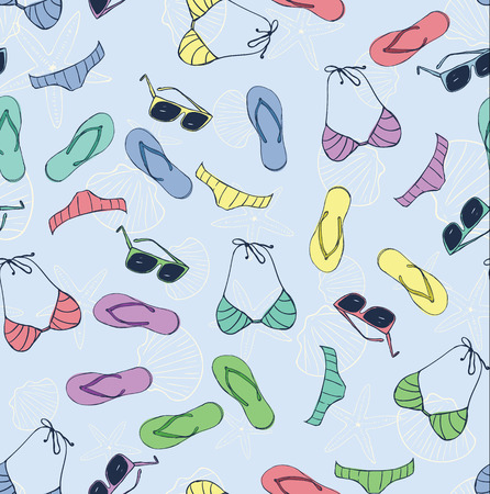 Seamless pattern of multicolored turquoise  green blue pink purple yellow cute Sandals, bikini, sunglasses  for brochure, paper, wallpaper, fabric, wrap, banner, background Vector illustration eps 10のイラスト素材