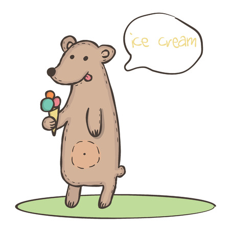 Wild animal brown bear with pink orange and blue ice cream and with round chat bubbles for text Vector illustration eps10のイラスト素材