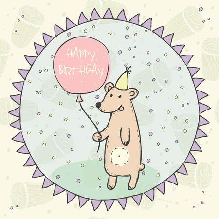 Wild animal brown bear with pink balloon, garlands, cap on seamless pattern with birthday cupcakes and a candle for invitation, birthday cards Vector illustration のイラスト素材