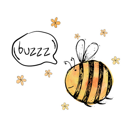 Beautiful, creative and nice bright yellow, orange bee with flowers and with round chat bubbles for text for card on white background Vector illustrationのイラスト素材