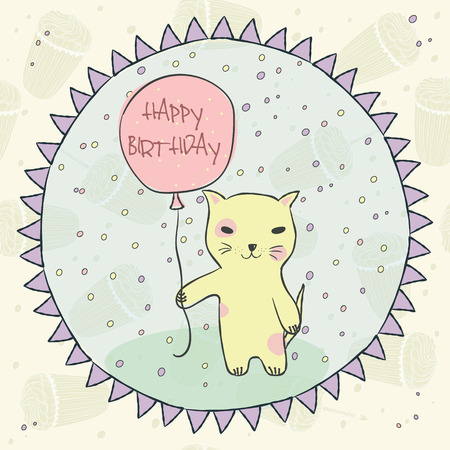 Animal yellow cat with pink balloon, gifts, garlands, cap on seamless pattern with birthday cupcakes and a candle for invitation, birthday cards Vector illustration のイラスト素材