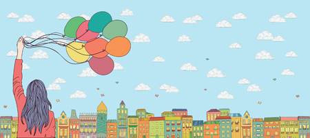 Young girl in pink sweater with blue hair and beautiful colorful balloons on background of  bright houses with clouds and birdsのイラスト素材