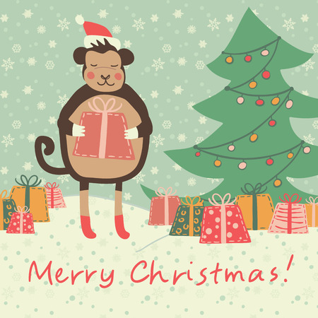 Christmas and new year 2016 card with cute monkey on santa hat with  red gift and snowflake, green fir-tree Vector illustration のイラスト素材