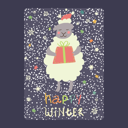 Christmas and New Year cards  cute sheep and gift, snowflakes and stars.Inscription happy winter Vector illustration eps 10のイラスト素材