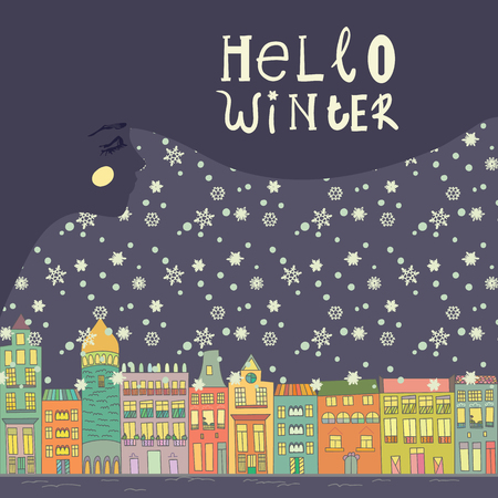 Christmas and New Year cards with bright color houses, snowflakes, stars and face of a young girl / women. Inscription hello winter Vector illustrationのイラスト素材