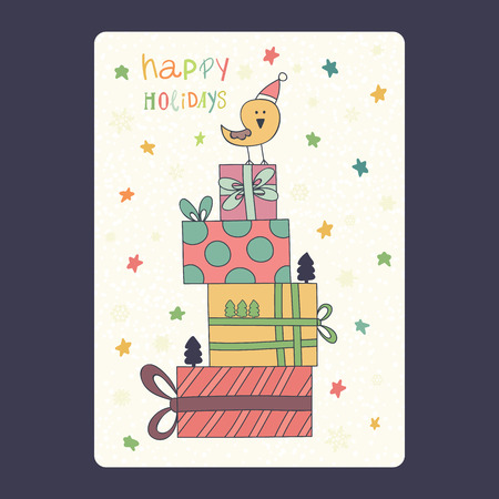 Christmas and New Year cards with cute bird on santa hat with gifts and snowflake and stars. Inscription happy holidays Vector illustration eps 10のイラスト素材