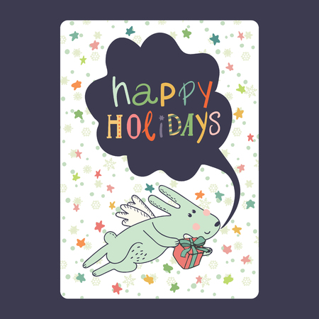 Christmas and New Year cards with cute blue bunny with wings, gift and snowflake and stars. Inscription happy holidays Vector illustrationのイラスト素材