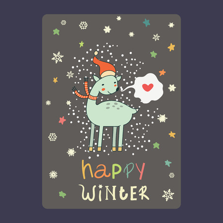Christmas and New Year cards  cute deer on santa hat, snowflakes, stars and chat bubble with heart. Inscription happy winter Vector illustrationのイラスト素材