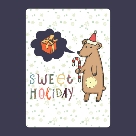 Christmas and New Year cards with cute bear on santa hat with candy cane and snowflake and with chat bubble with gift. Inscription sweet holiday Vector illustrationのイラスト素材