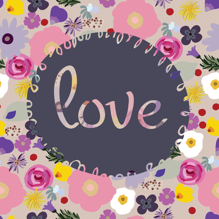 Beauty and elegance seamless pattern bright flowers for textile, paper, wrap, scrapbook, background, invitation, cards with Inscription love Vector illustrationのイラスト素材