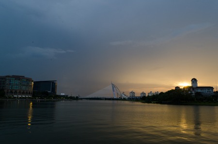 Putrajaya Bridge on Sunset. The great bridge in Malaysia. Lighted on Night.のeditorial素材
