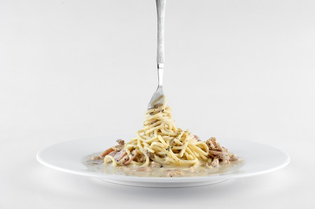 Delicious spaghetti carbonara with bacon and chicken ingredient sauce in white plate over white backgroundの写真素材