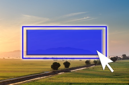 Nature background with blue button and mouse pointer. Space for text availableの写真素材