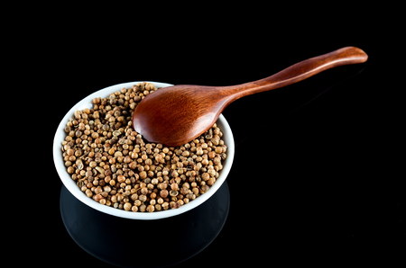 Spice seed  in white bowl with wooden spoon over black backgroundの写真素材