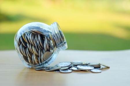 Concept - Plant in Money  container over nature backgroundの写真素材