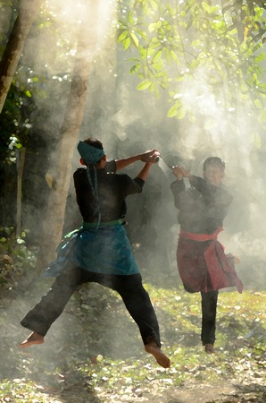 Drawing/Painting of Malaysian Famous Martial Art called Silat Performing Action of training in a...