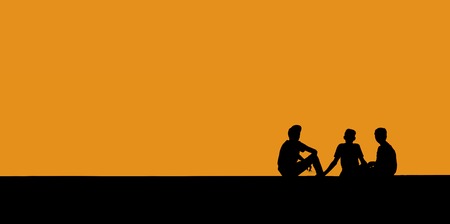 Silhouette of 3 men sitting and chatting over yellow background with copyscape for text