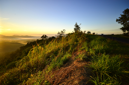 Sunrise from top of a mountain with beautiful panoramaの写真素材