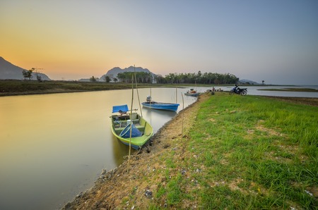 Fisherman Boat used to catch fish in lakeの写真素材