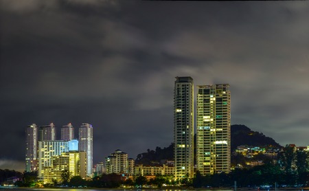 Cityscape of Penang Malaysia with reflection at Nightの写真素材
