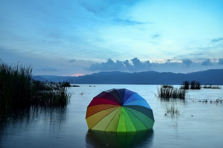 Colorful umbrella in lake waterの写真素材