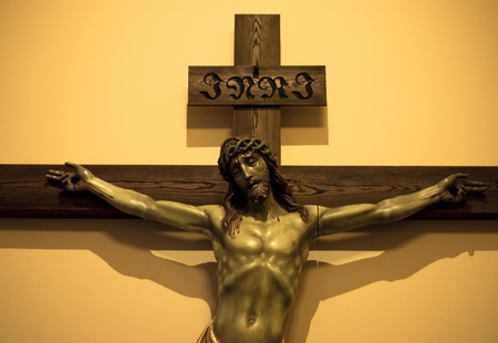 Jesus cross sculpture on the wall orthodox catholicの写真素材