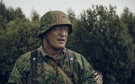 PERM, RUSSIA - JULY 30, 2016: Historical reenactment of World War II, summer, 1942. German soldierのeditorial素材