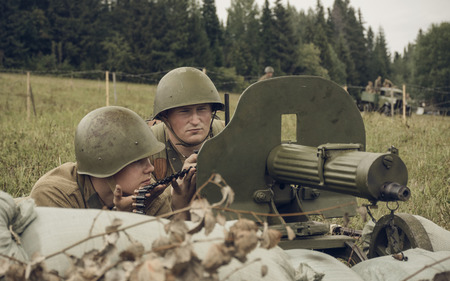 PERM, RUSSIA - JULY 30, 2016: Historical reenactment of World War II, summer, 1942. Soviet soldiers...