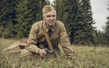 PERM, RUSSIA - JULY 30, 2016: Historical reenactment of World War II, summer, 1942. Soviet officer...