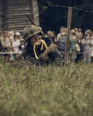 PERM, RUSSIA - JULY 30, 2016: Historical reenactment of World War II, summer, 1942. German soldierのeditorial素材