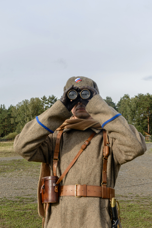 KRASNOGVARDEYSKIY, SVERDLOVSK OBLAST, RUSSIA - SEPTEMBER 11, 2016: Historical reenactment of Russian Civil war in the Urals in 1919. Soldier of White Armyのeditorial素材