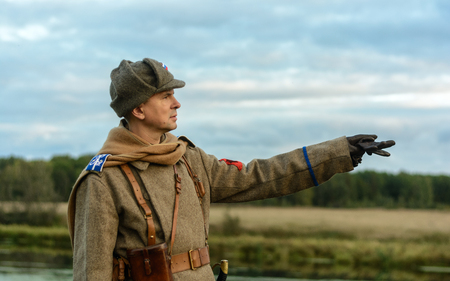 KRASNOGVARDEYSKIY, SVERDLOVSK OBLAST, RUSSIA - SEPTEMBER 11, 2016: Historical reenactment of Russian Civil war in the Urals in 1919. Soldier of White Armyのeditorial素材