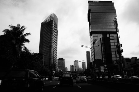 View of the city of Kuala Lumpur, Malaysia. Black and white.