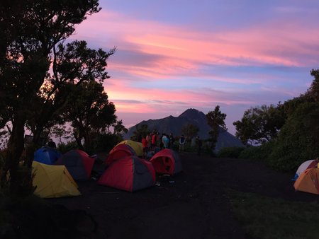 Camping in the mountains at sunset, Doi Inthanon, Chiang Mai, Thailandの写真素材