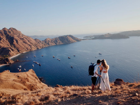 Wedding couple on the beautiful island of Santorini Greeceの写真素材