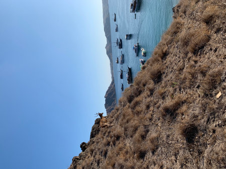 Beautiful view of the sea from the cliff, Santorini, Greeceの写真素材
