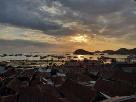 Sunset at the fishing village in the province of Krabi, Thailandの写真素材