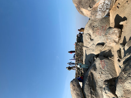 Unidentified people climbing on the mountain.の写真素材