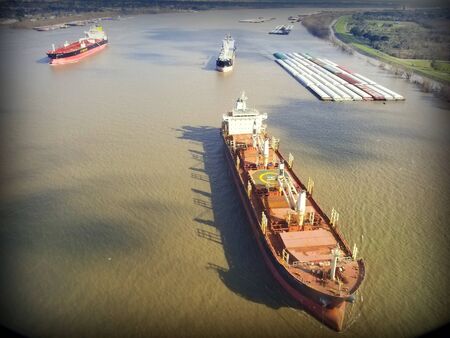 New Orleans, Louisiana, U.S.A - January 31, 2020 - The aerial view of the cargo ships on the bay