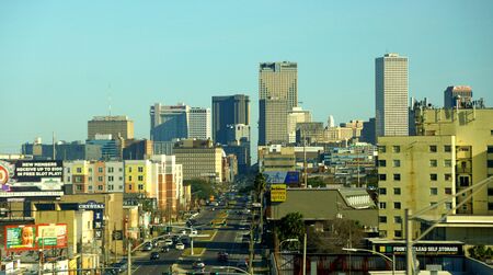 New Orleans, Louisiana, U.S.A - February 2, 2020 - The aerial view of the traffic and buildings near downtown during the dayのeditorial素材