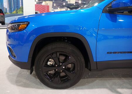 Philadelphia, Pennsylvania, U.S.A - February 9, 2020 - The wheel of the blue color 2020 Jeep...