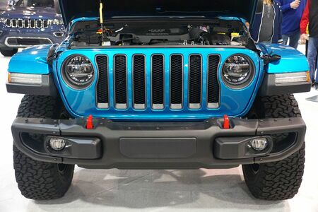 Philadelphia, Pennsylvania, U.S.A - February 9, 2020 - The front view of the 2020 Jeep Wrangler Unlimited Rubicon 4X4 blue colorのeditorial素材