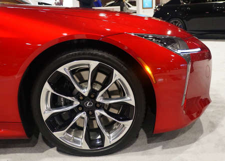 Philadelphia, Pennsylvania, U.S.A - February 9, 2020 - The side view and alloy wheel of the red...