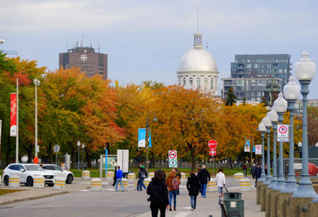 Montreal, Canada - October 28, 2019 - The view of tourists walking around the park overlooking the stunning colors of fall foliage in the cityのeditorial素材