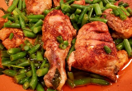 Fried chicken with green beans in dry curry pasteの写真素材