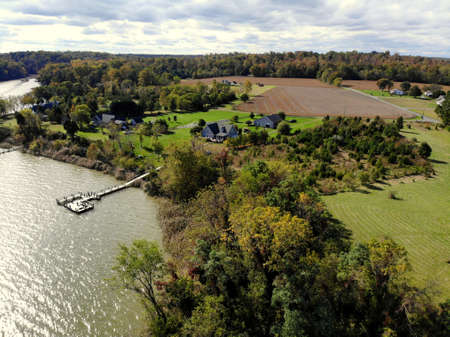 The aerial view of the boat dock and neighborhood near Currioman Bay, Montross, Virginia, U.S.A