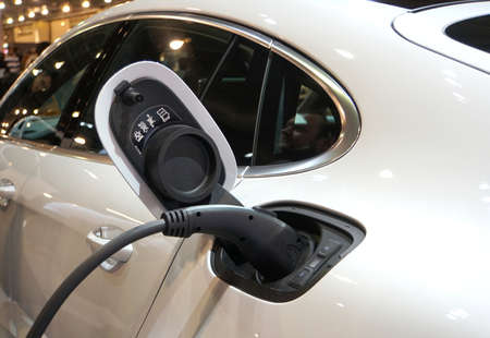 Philadelphia, Pennsylvania, U.S.A - February 10, 2019 - Electric charging port of a white 2020...