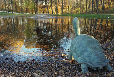 A large turtle by a pond near Carousel Park, Pike Creek, Delaware, U.S.Aのeditorial素材